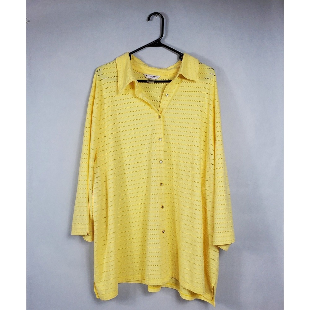Allison Daley Women Yellow Eyelet Stripe Button Front Shirt Plus 3X 3/4 Sleeve